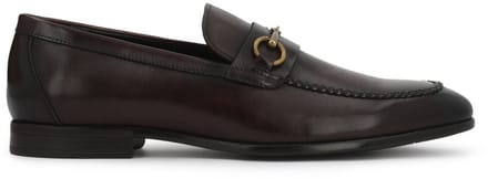 Brown men's loafers with leather upper and metal embellishment