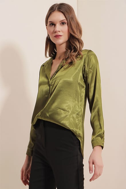 Satin Lange Mouw Knop-Up Shirt