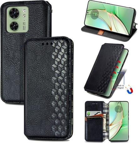 Luxe PU Lederen Ruitpatroon Wallet Case + Glas Screenprotector voor Motorola Edge 40 _ Zwart