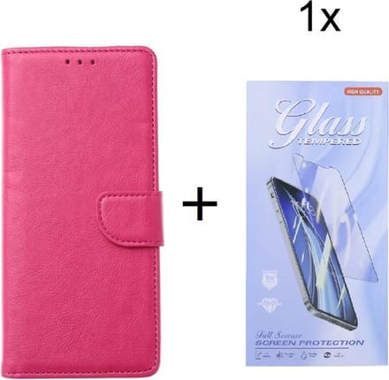 Bookcase Geschikt voor: Nokia 1.4 - Roze - portemonnee hoesje met 1 stuk Glas Screen protector