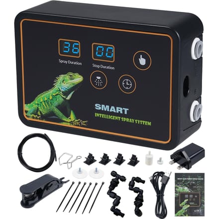 Reptiel Slim Vernevelingssysteem Intelligent Sproeisysteem 2 stuks Sproeikoppen 360 graden Verstelling Haak Getimede Sproei voor UK plug zwart