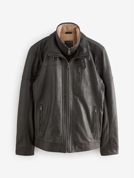 Next - Heren - Leren jack met borgvoering en vier zakken - Bruin
