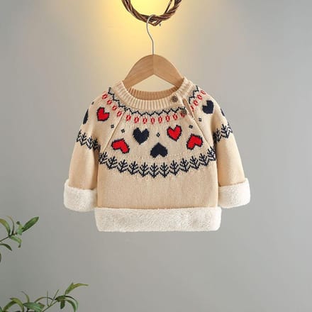 Pull pour filles avec velours épais et double couche hiver pull de base tricoté pour enfants 120 beige