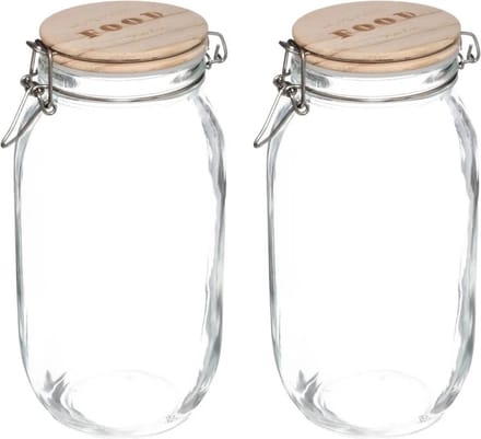 5Five Weckpot/voorraadpot - 2x stuks - 2L - glas - houten deksel en beugelsluiting - luchtdichte afsluiting
