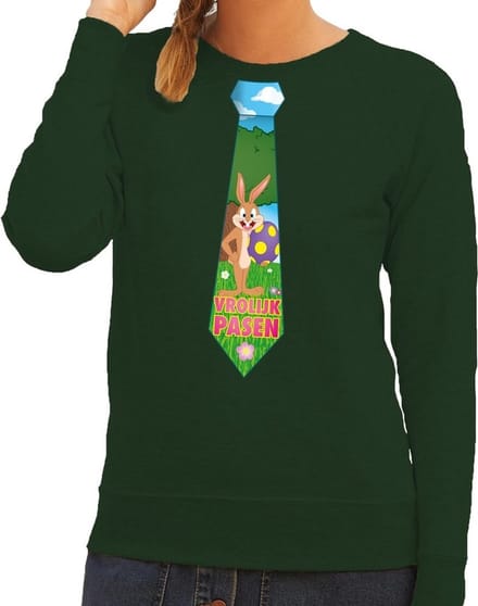 Groene Paas sweater met paashaas stropdas - Pasen trui voor dames - Pasen kleding S