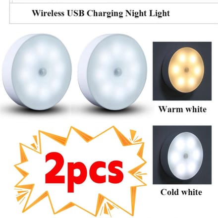 2/3/4/5pcs Motion Sensor LED Night Light USB Rechargeable Night Lamp for Kitchen Cabinet Wardrobe Lamp Staircase Wireless Closet Light one light two color-2PCS