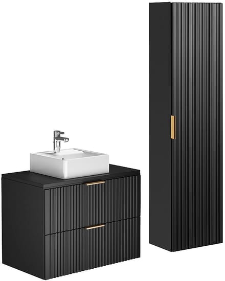 Vente-unique Geribbeld hangmeubel met opbouwwastafel en kast - Zwart - 80 cm - ZEVARA