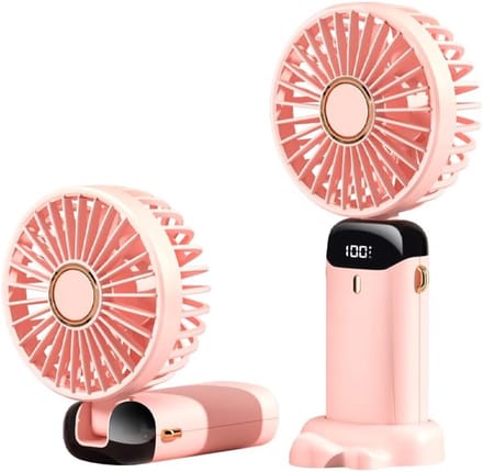 Compacte roze oplaadbare handventilator met digitaal LED-display, 5 instelbare windsnelheden, flexibel verstelbaar, fluisterstille koeling, bruikbaar als bureauventilator, handventilator en draagventilator