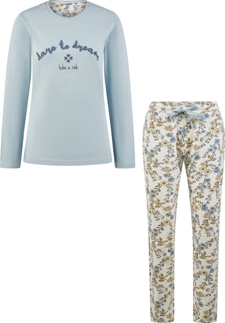 By Louise Dames Pyjama Set Lang Bloemen Print Lichtblauw - Maat XXL