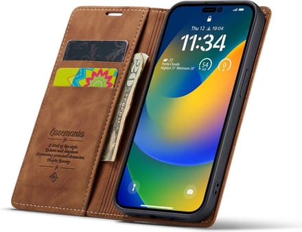 iPhone 14 Pro Max Bookcase hoesje - CaseMe - Effen Bruin - Kunstleer