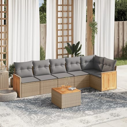 vidaXL - 7-delige - Loungeset - met - kussens - poly - rattan - beige
