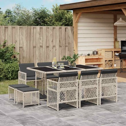 vidaXL - 11-delige - Tuinset - met - kussens - poly - rattan - lichtgrijs