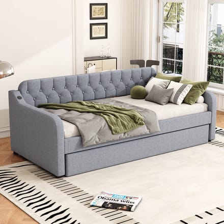 90x200 cm slaapbank - met uitschuifbare rolbed - USB-poort - grijs - zonder matras