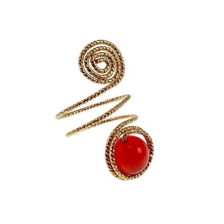 Ring Dames - Goudkleurig - Handgemaakte Aspiral en Rode Kattenoogring - Verstelbaar Ring - One Size Ring
