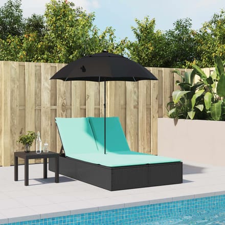 vidaXL - Ligbed - 2-persoons - met - kussens - en - parasol - poly - rattan - zwart