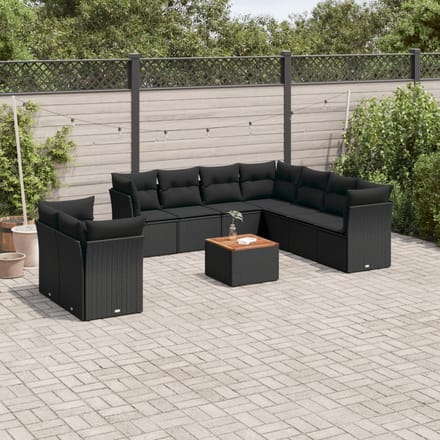 vidaXL - 10-delige - Loungeset - met - kussens - poly - rattan - zwart