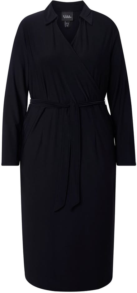 Ulla Popken - Dames - Midi-jurk wikkellook overhemdkraag lange mouwen - Zwart - Maat 58+