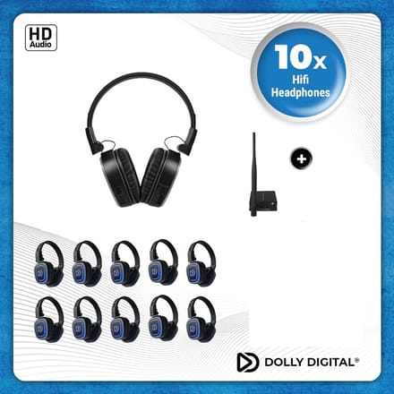 10x DOLLY DIGITAL© FD-Pro Silent Disco set | 10 oplaadbare stereo HD headsets met T70 oplaadbare zender