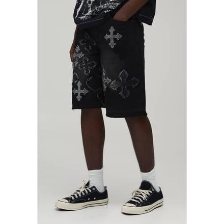 Denim Jorts Met Stras Kruis Applicatie | Black | Size 44R