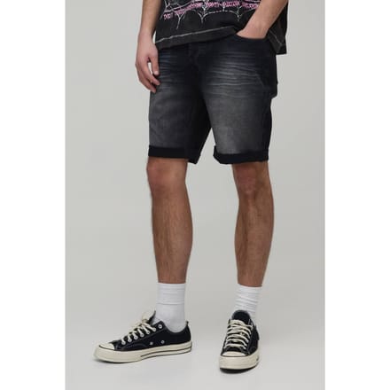 Skinny Stretch Zwaar Gebleekte Gescheurde Denim Shorts | Washed Black | Size 30
