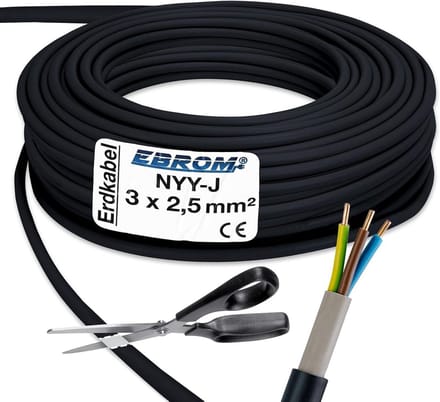 Starkstroomkabel NYY-J 3x2,5 mm² 25 meter - buitengebruik aardkabel zwart
