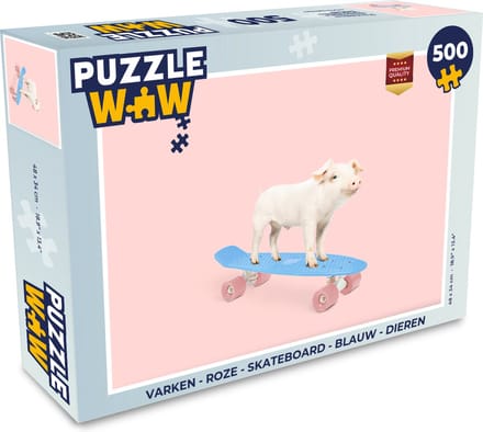 Puzzel Varken - Roze - Skateboard - Blauw - Dieren - Legpuzzel - Puzzel 500 stukjes