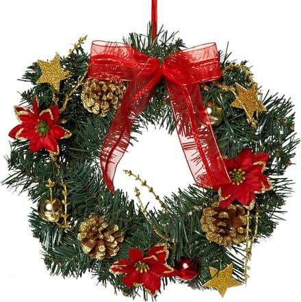 Kerstkrans 32 cm – Groen/Rood/Goud – Tafelkrans - Versierde Deurkrans met Strik & Decoratie