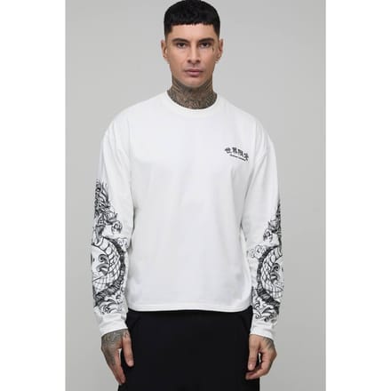 Tall Oversized Dragon Grafische Lange Mouw T-Shirt | White | Size Medium