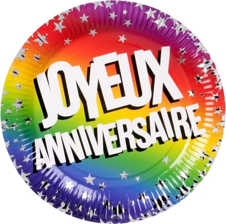 Boland - Set 6 Papieren bordjes 'Joyeux Anniversaire' (23 cm) Multi - Regenboog