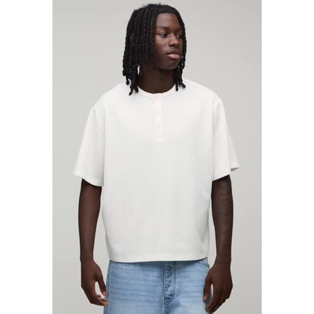 Relaxed Fit Waffle Henley T-Shirt | Ecru | Size Medium