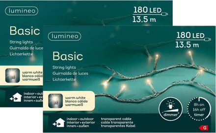 Lumineo Kerstverlichting - 2x - 180 leds -warm wit -1350 cm - transparant snoer - timer en dimmer