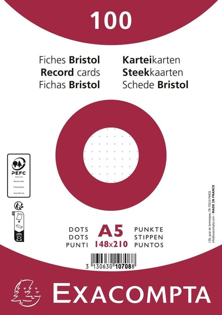 Exacompta 10x Pak 100 steekkaarten onder film - bristol karton dots niet geperforeerd - 148x210mm - Wit - 10708E