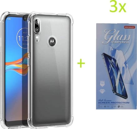 Hoesje Geschikt voor: Motorola Moto E6s / E6 Plus - Anti Shock Silicone Bumper - Transparant + 3X Tempered Glass Screenprotector