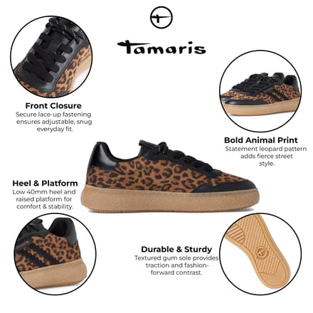 Tamaris Dames Luipaard Zwarte Leren Mode Gestreepte Veterschoenen