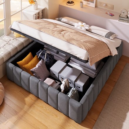 Gestoffeerd bed - 140*200cm - hydraulische opslag - zonder hoofdeinde - zonder matras - grijs