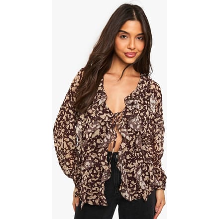boohoo Dames Abstracte Print Chiffon Blouse met Ruches | Zwart | Maat: 34