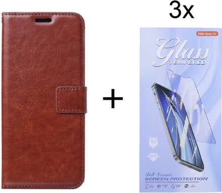 Bookcase Geschikt voor: iPhone 13 - Bruin - portemonnee hoesje met 3 stuk Glas Screen protector