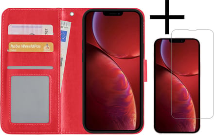 Hoesje - Met Screenprotector - Geschikt voor Apple iPhone 14 Pro Max - Luxe Pasjeshouder - Bookcase Portemonee - Flip Case - Kunstleer Book Case - Flipcase - Book Cover - Walletcase - Portemonneehoes - Rood