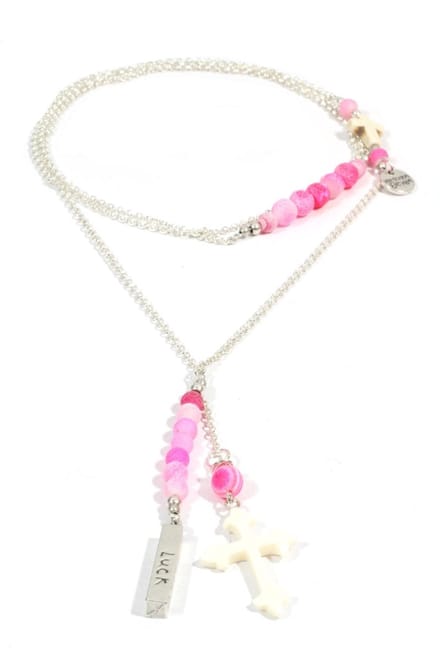 Heaven Eleven dames Ketting zilver plating - pink kralen - wit hertegewei kruisje