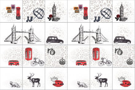 Walplus Londen Tegelsticker - Zwart/Wit/Rood - 15x15 cm - 24 stuks