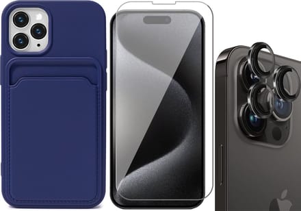 Hoesje Pasjeshouder geschikt voor iPhone 15 Pro - Screenprotector GlassGuard + Camera Lens Screen Protector Zwart - Siliconen Case Back Cover Blauw