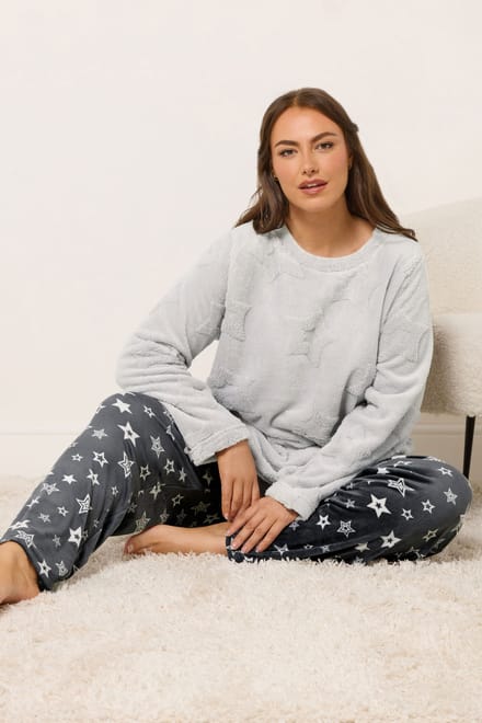 Yours Grey Embossed Star Borg Lounge Set Size 46-48