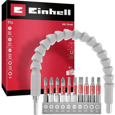Einhell bitset met flexibele schacht, 11-delig (300 mm bithouder, permanente magneet, chroomvanadium, 50 mm bits, E 6.3 schacht, voor krappe ruimtes)