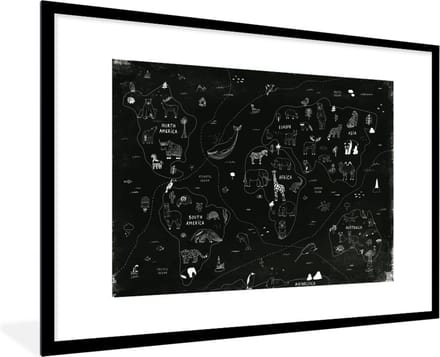 Wereldkaart - Kinderen - Zwart - Wit - Schoolplaat - Kinderkamer - 90x60 cm