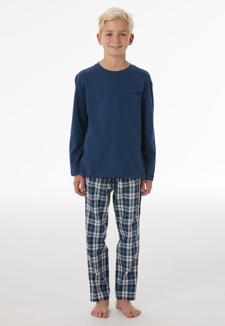 Lange pyjama van geweven jersey met ruitjesmotief, pacific blue - Nightwear 152