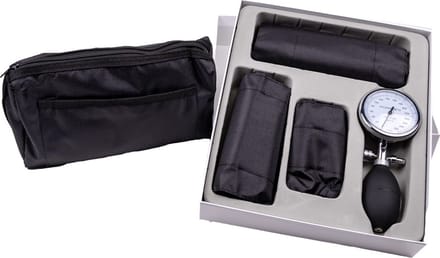 Aneroïd bloeddrukmeter set - palm type - handmatige bloeddrukmeter - drie manchetten - complete set inclusief etui
