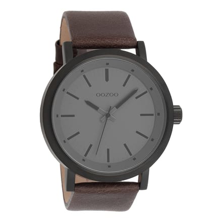 OOZOO Timepieces - Zwarte horloge met bruine leren band - C8254