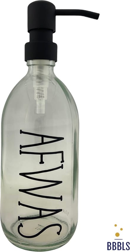 BBBLS® Design Dispenser "Afwas" | Transparant Glas | 500ml | RVS / Metaal Pomp Zwart | Zeeppomp | Zeepdispenser | Zeephouder