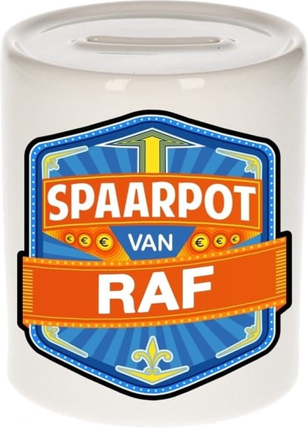 Bellatio Decorations Kinder spaarpot met naam - Raf - keramiek - met dop - wit - Sparen - Spaargeld van Raf