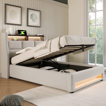 VVBV linnen gestoffeerd bed-Opbergruimte-90x200-Beige-Gestoft bed met USB-LED (Zonder matras)